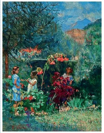Pintura Três meninas no jardim (1915), de Eliseu Visconti